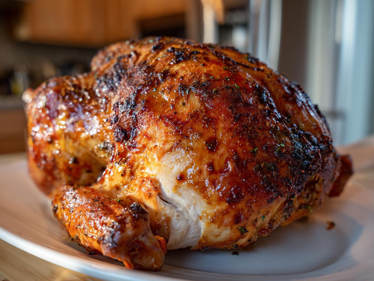 Close-up of a perfectly roasted turkey with shiny, dark golden-brown, herb-seasoned skin.