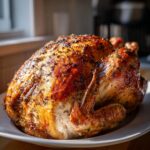 A whole, perfectly roasted turkey with golden-brown, herb-seasoned skin resting on a white platter.