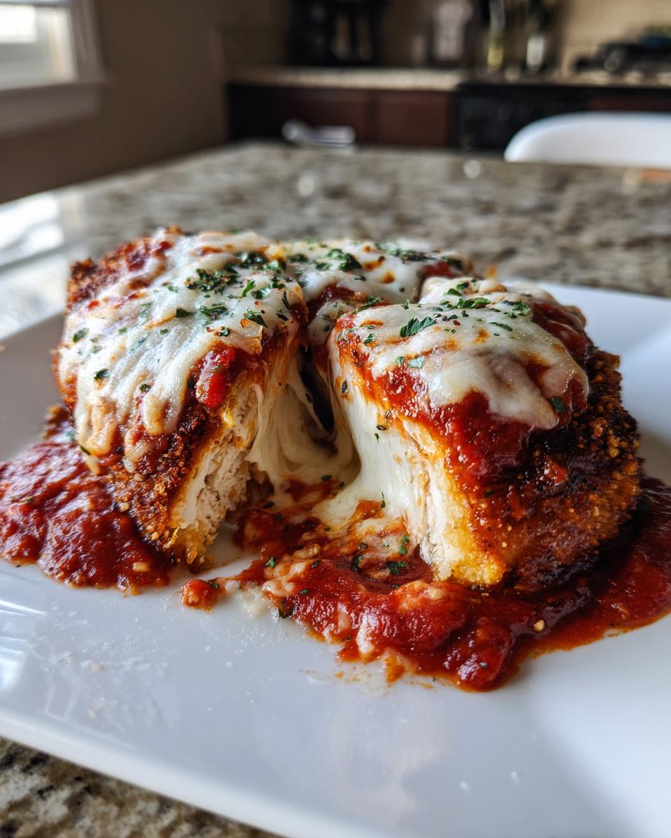 Cross-section of keto chicken parmesan showing melted mozzarella cheese oozing out, covered in marinara sauce.