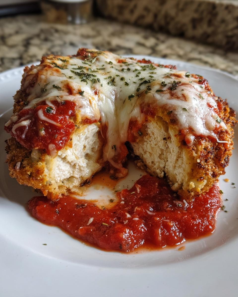 Close-up of keto chicken parmesan cut in half, showing melted mozzarella, marinara sauce, and crispy coating.