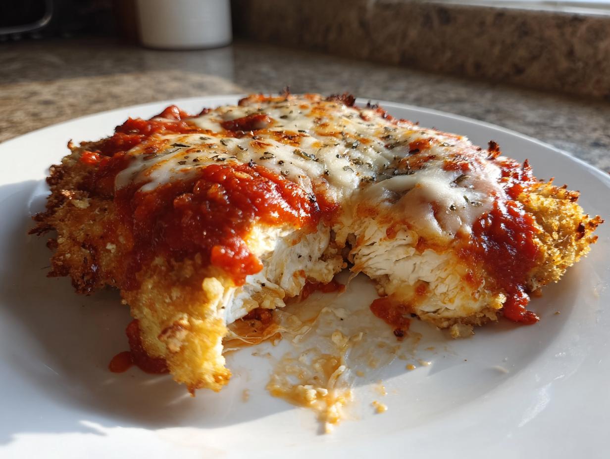 Close-up of keto chicken parmesan with a bite taken out, showing juicy white meat, crispy coating, marinara sauce, and melted cheese.