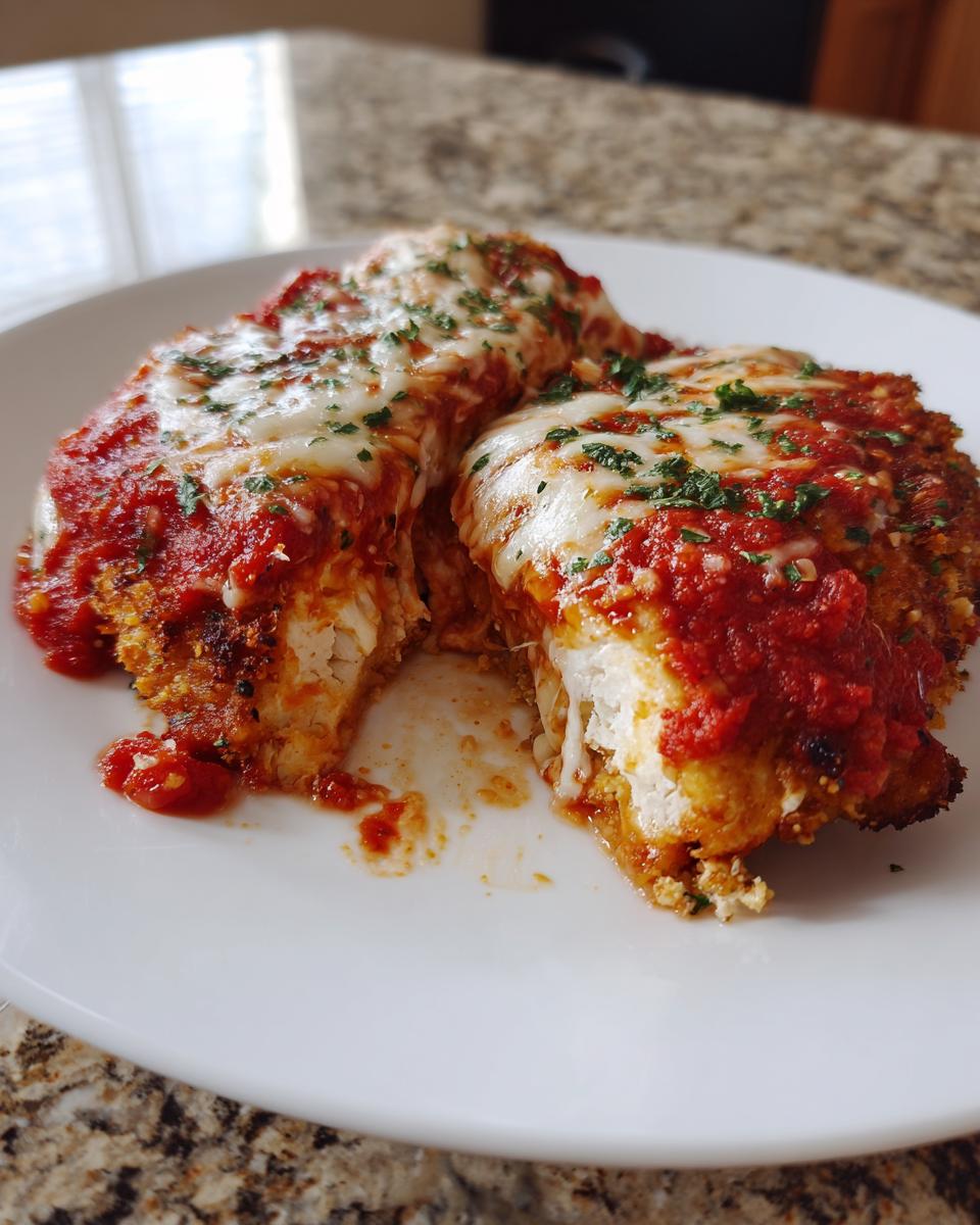 Two pieces of keto chicken parmesan cut open on a white plate, showing white chicken meat topped with marinara sauce and melted mozzarella cheese.