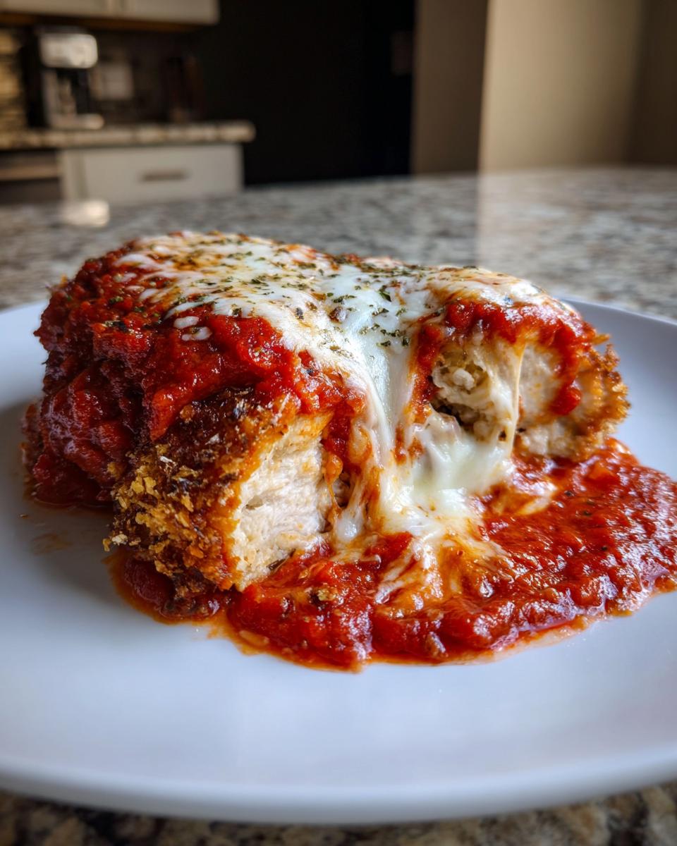 Close-up of keto chicken parmesan cut open, showing melted mozzarella cheese and rich tomato sauce.