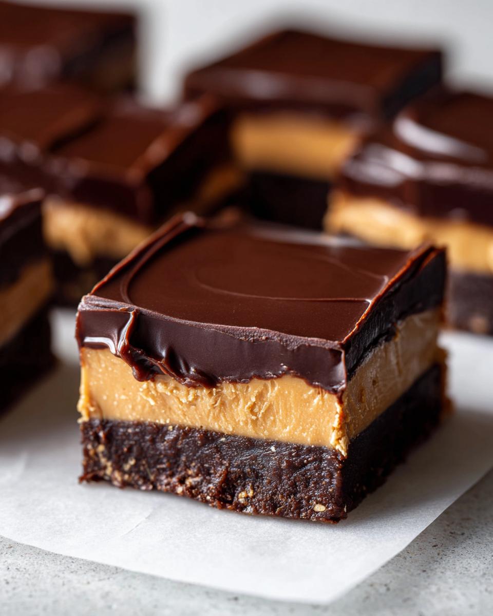 A close-up of one square of layered buckeye fudge showing a dark chocolate base, peanut butter filling, and glossy chocolate topping.