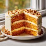 A cross-section view of a layered Creamsicle Cake with orange sponge, white frosting layers, and chopped nuts on top.