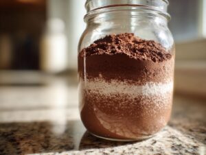 Close-up of layered homemade hot cocoa mix ingredients inside a clear glass jar.