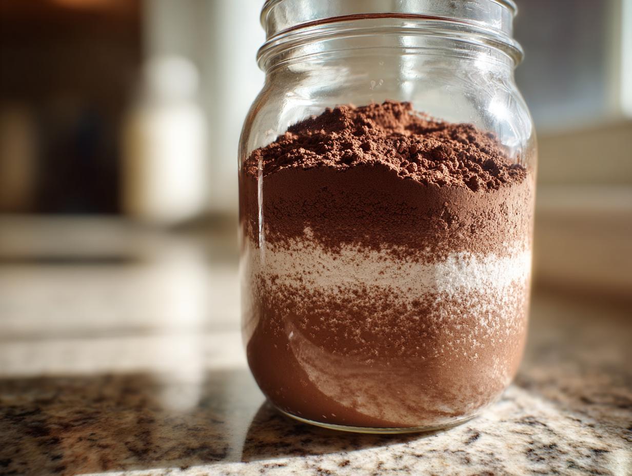 Close-up of layered homemade hot cocoa mix ingredients inside a clear glass jar.