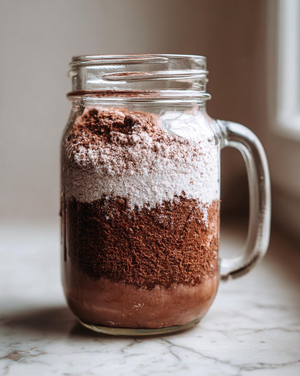Close-up of layered homemade hot cocoa mix ingredients inside a glass mason jar mug.
