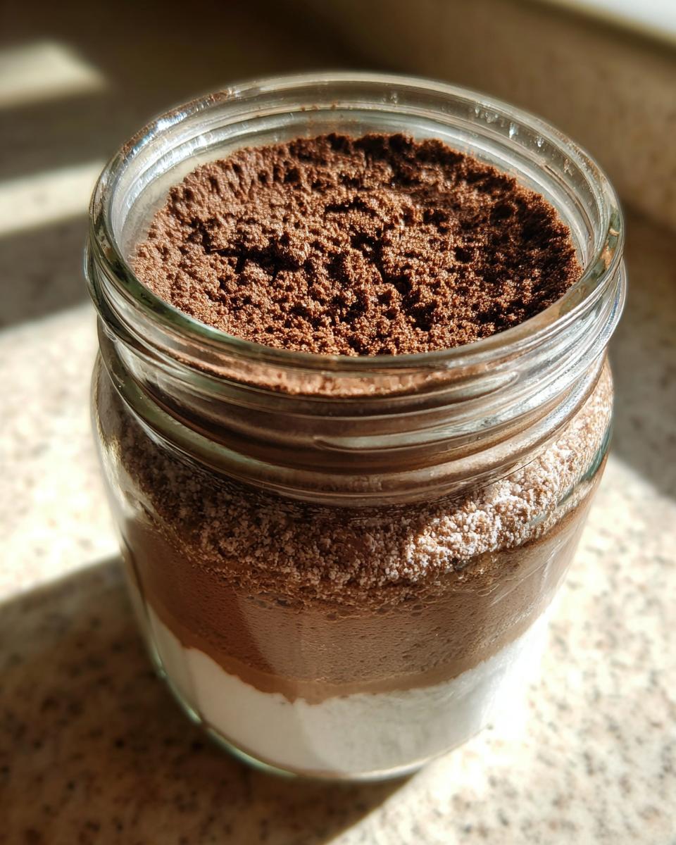 Close-up of layered homemade hot cocoa mix in a glass jar, showing white sugar, brown cocoa, and fine powder.