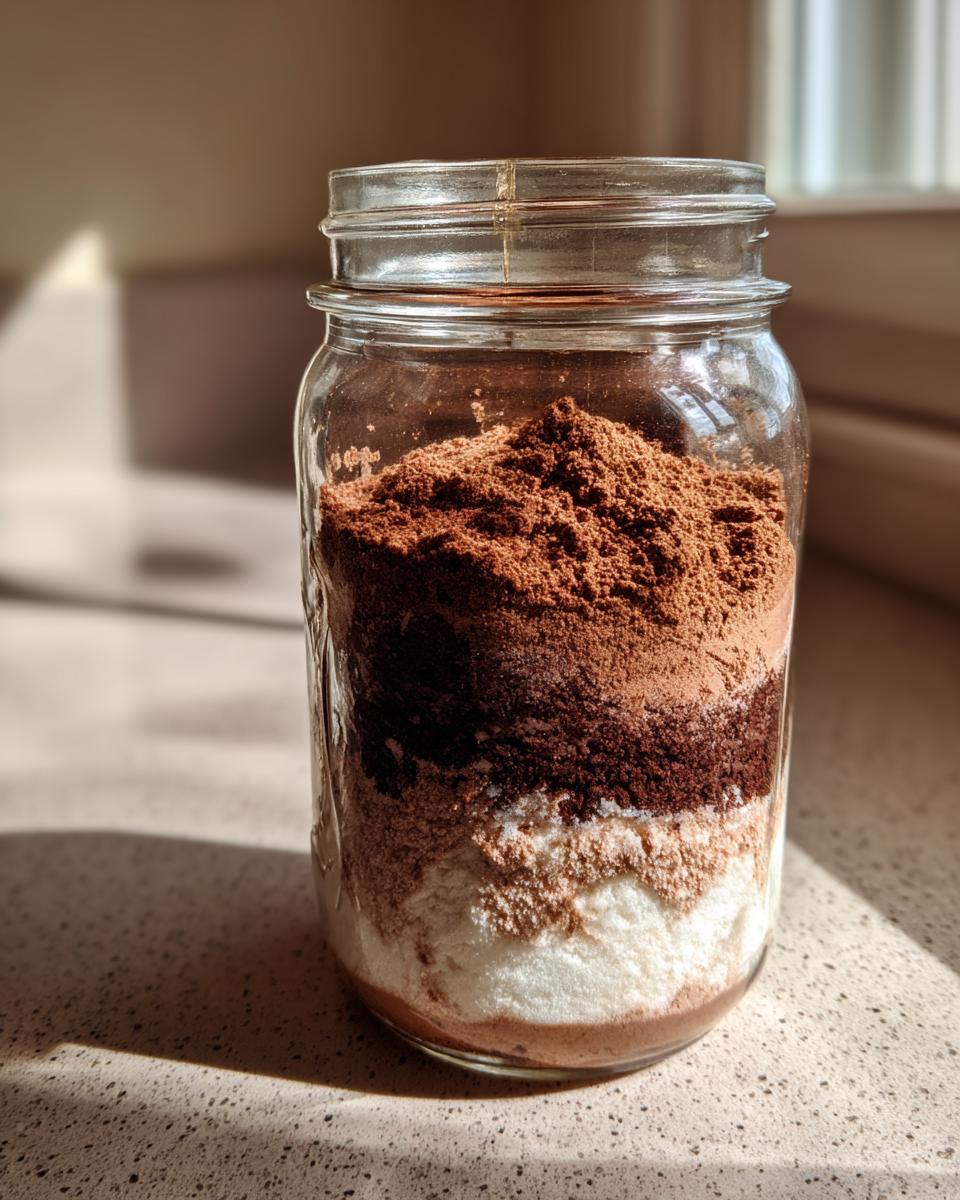 A glass mason jar filled with layered ingredients for homemade hot cocoa mix, showing distinct layers of cocoa powder and white powder.