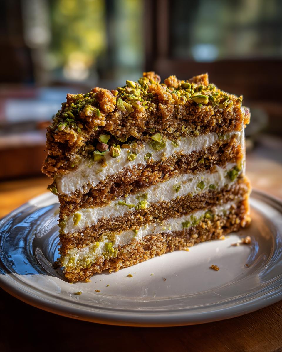 A tall, layered slice of pistachio coffee cake featuring brown cake layers, white cream filling, and a topping of chopped pistachios.