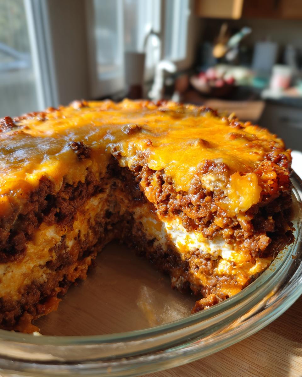 Close-up of a slice missing from a baked Texas Trash Dip in a glass dish, showing three distinct layers topped with melted cheddar cheese.