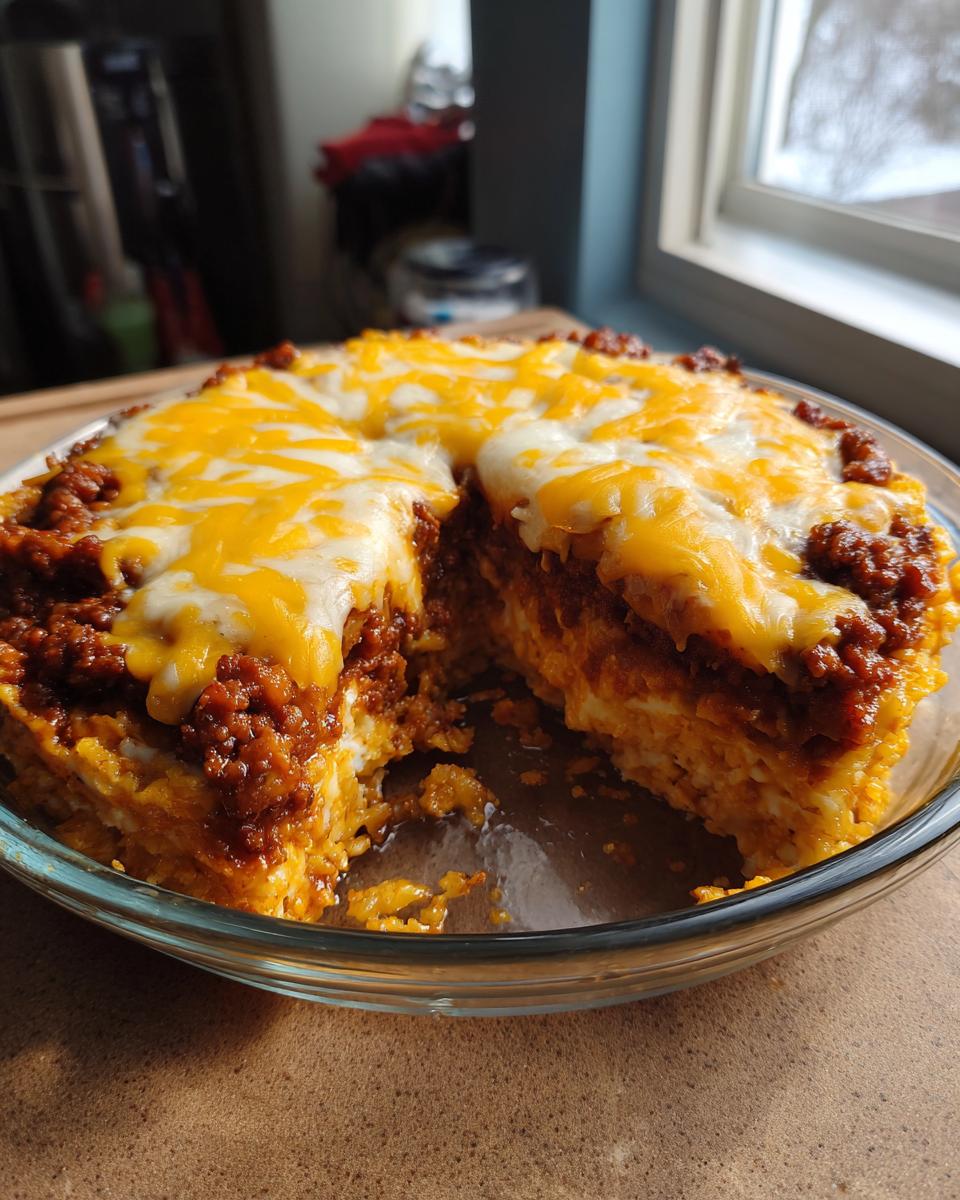 A round, three-layer Texas Trash Dip in a glass dish with a slice removed, showing layers topped with chili and melted cheddar cheese.