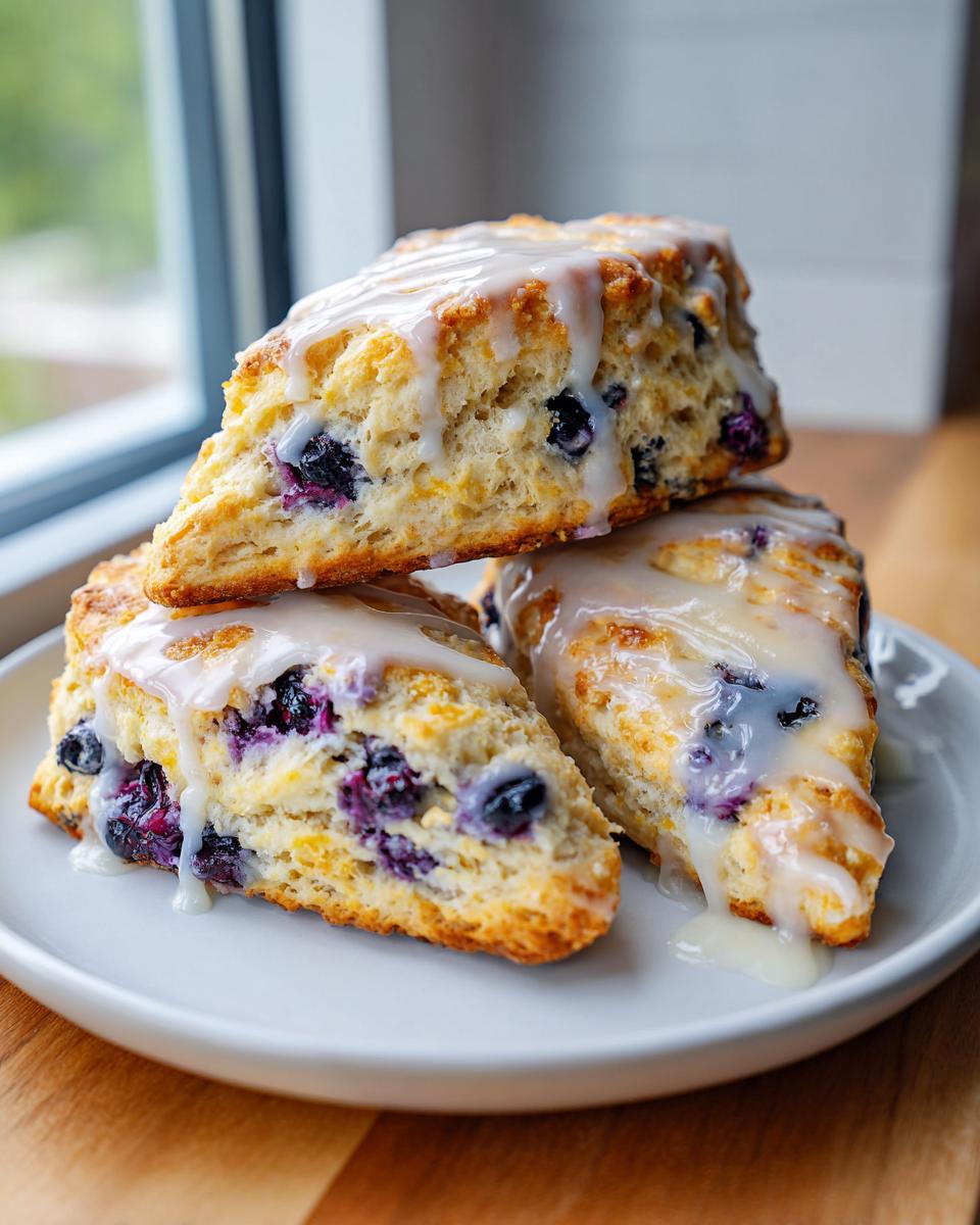 Three stacked lemon blueberry scones drizzled generously with a thick white glaze, sitting on a white plate.