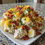 A mound of creamy baked potato salad topped generously with crumbled bacon, shredded cheddar cheese, and chopped green onions.