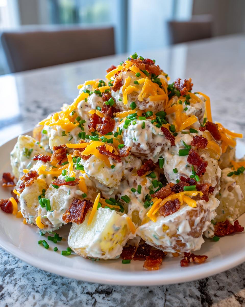 A generous mound of creamy baked potato salad topped with cheddar cheese, bacon bits, and fresh chives.