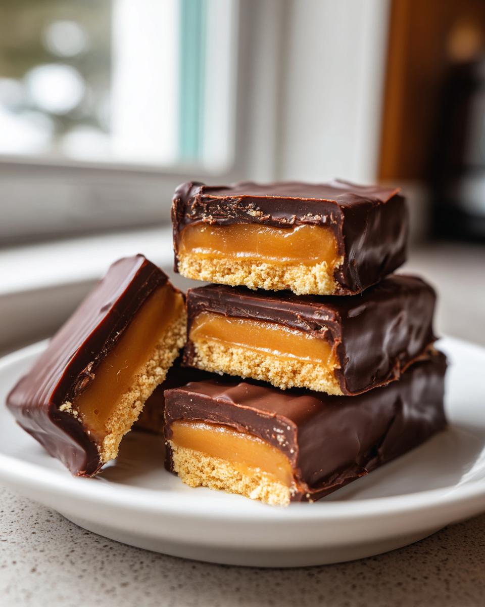 A stack of homemade, low-calorie twix bars showing the shortbread base, thick caramel layer, and chocolate coating.
