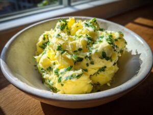 A close-up of fluffy, bright yellow homemade garlic butter mixed with fresh green parsley in a rustic bowl.
