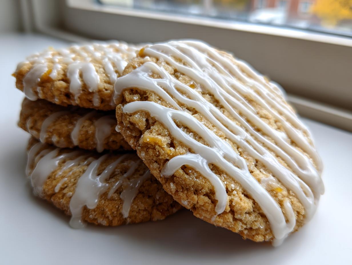 A stack of three maple brown sugar cookies drizzled with thick white icing, set near a window.