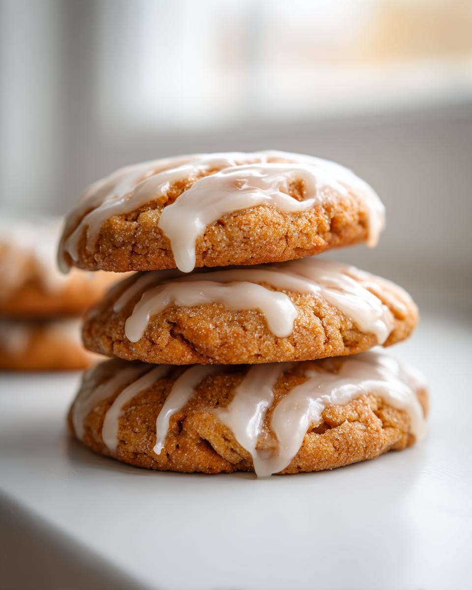 A stack of three soft maple brown sugar cookies topped with a sweet white glaze drizzle.