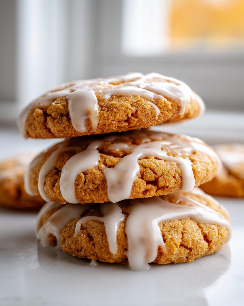 A stack of three soft maple brown sugar cookies drizzled generously with white vanilla glaze.