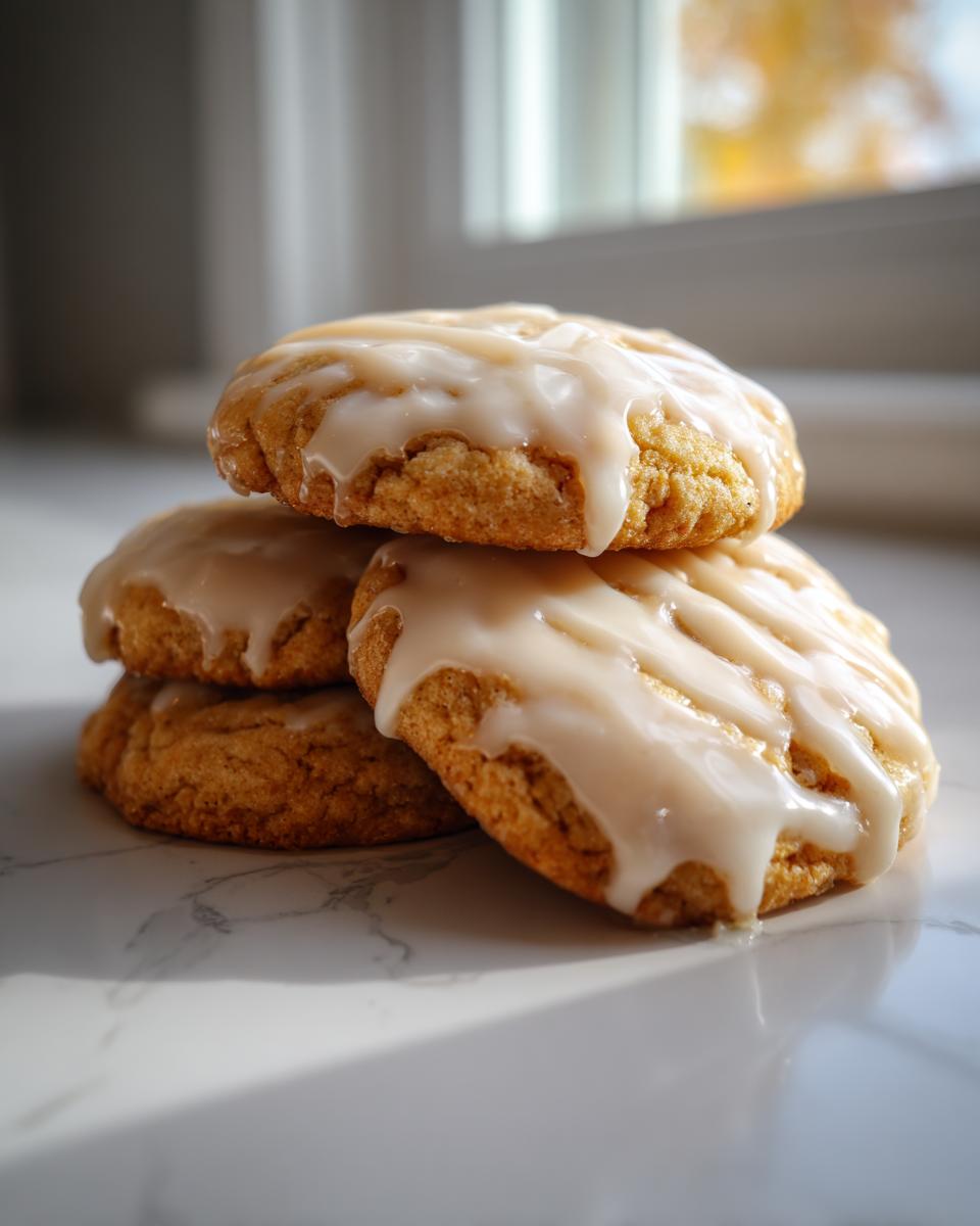 A stack of three soft maple brown sugar cookies topped with a thick, dripping maple glaze.