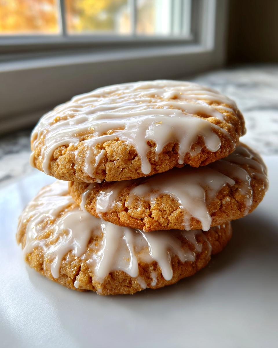 A stack of three soft maple brown sugar cookies drizzled generously with white vanilla glaze.
