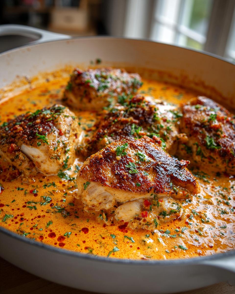 Five browned chicken breasts simmering in a rich, creamy orange sauce, garnished with parsley, representing Marry Me Chicken.