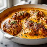 Close-up of seared chicken breasts simmering in a rich, creamy sauce, known as Marry Me Chicken.