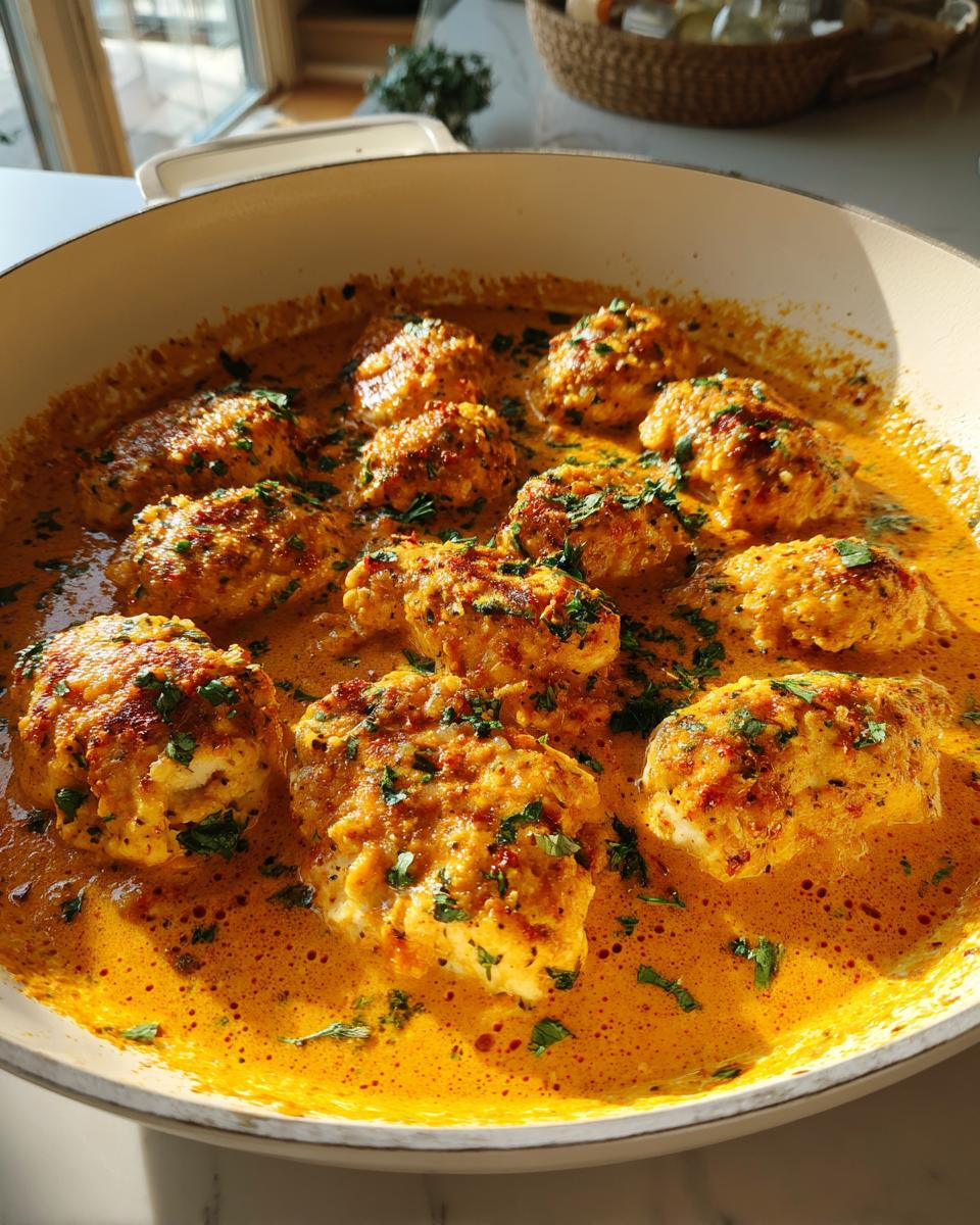 Close-up of several chicken breasts simmering in a rich, orange-hued creamy sauce, garnished with fresh parsley, representing Marry Me Chicken.