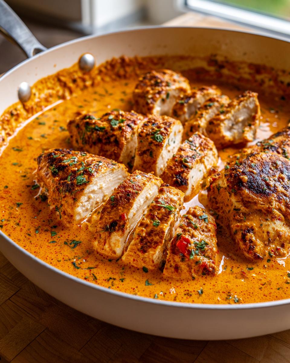 Slices of seared chicken breasts submerged in a rich, creamy orange sauce, characteristic of Marry Me Chicken.