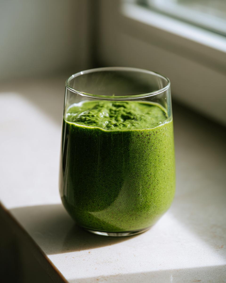A thick, vibrant green matcha chia pudding served in a clear glass on a bright windowsill.