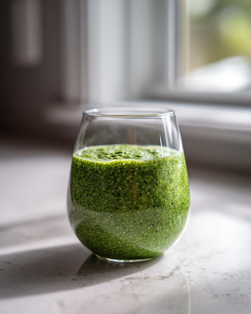 Close-up of bright green matcha chia pudding texture filling a clear glass, set against a bright window.
