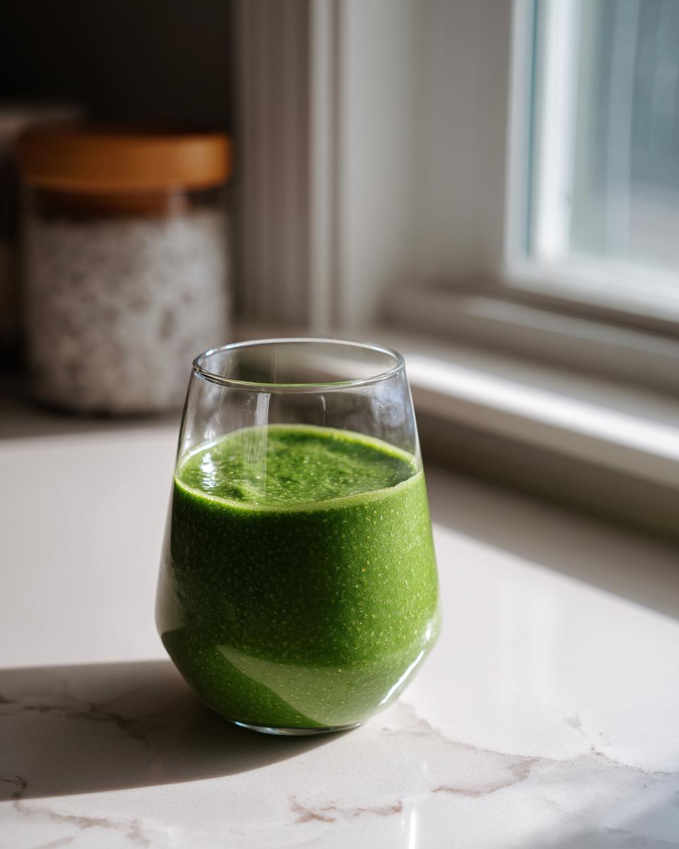 A vibrant green matcha chia pudding served in a clear glass on a bright countertop.