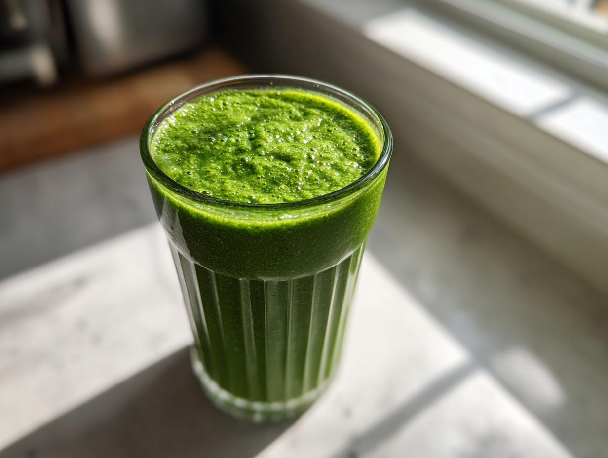 A tall glass filled with bright green, frothy matcha chia pudding mixture, sitting on a white surface in direct sunlight.