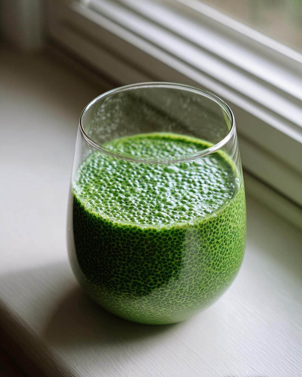 Close-up of bright green matcha chia pudding texture filling a clear glass, set near a window.