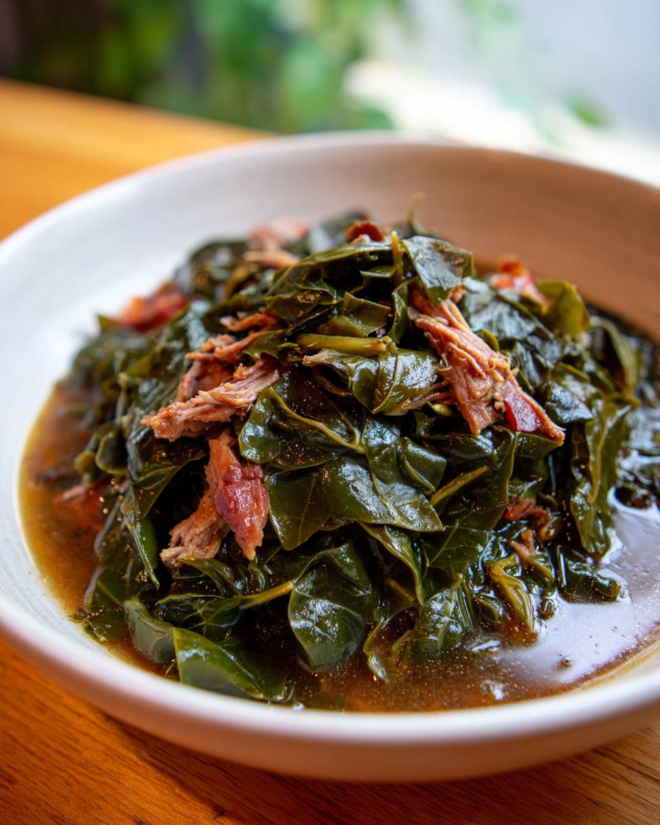 A close-up of tender, slow-cooked collard greens served in a white bowl with savory broth and shredded smoked meat.