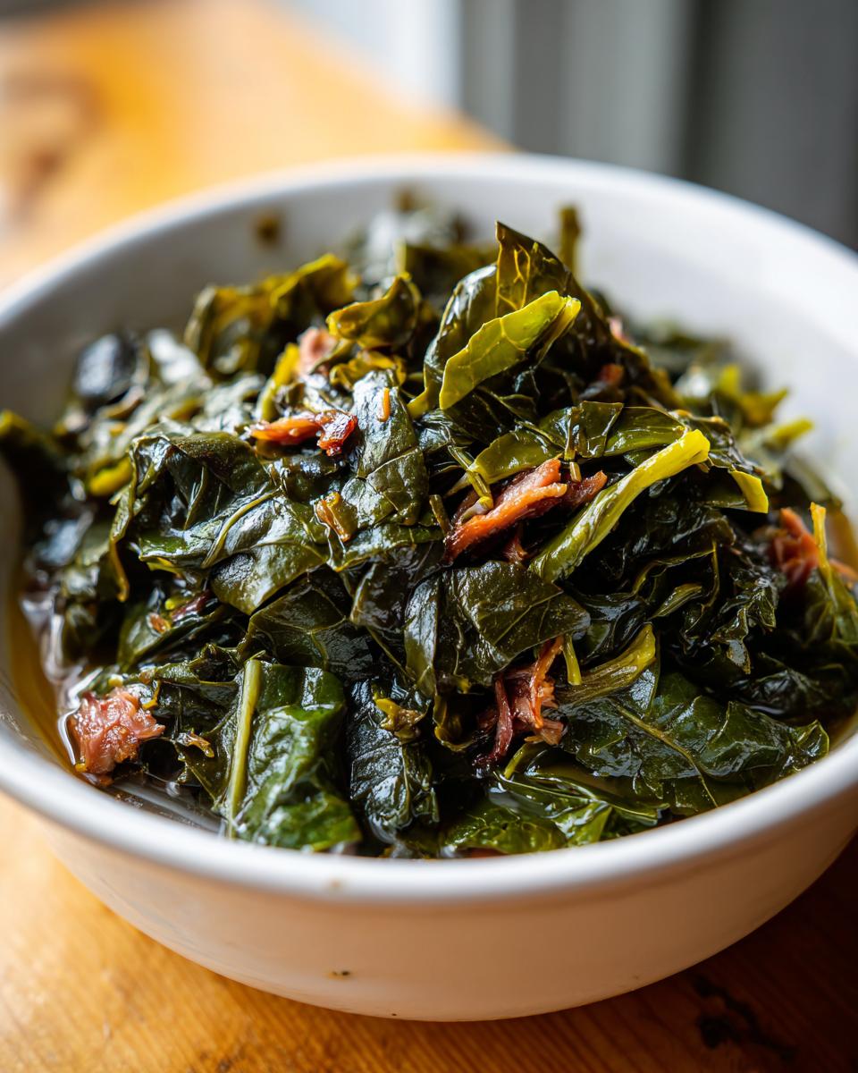 Close-up of tender, slow-cooked collard greens mixed with pieces of smoked meat served in a white bowl.