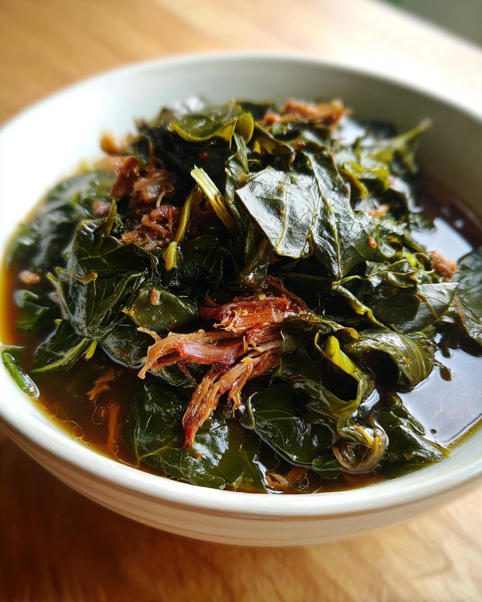 Close-up of tender, slow-cooked collard greens served in a broth with pieces of shredded smoked meat.