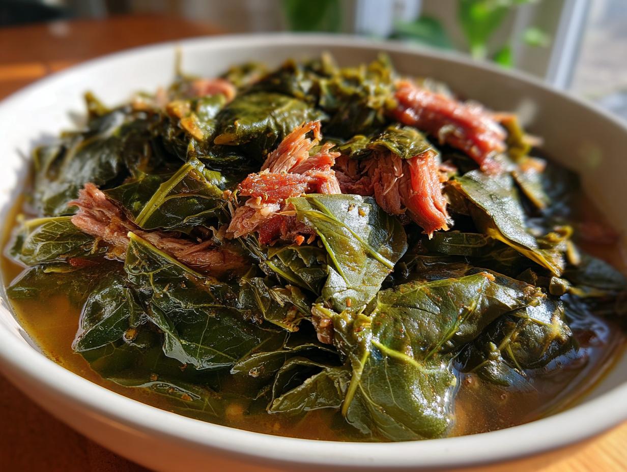 Close-up of tender, slow-cooked collard greens swimming in savory broth, topped with shredded smoked meat.