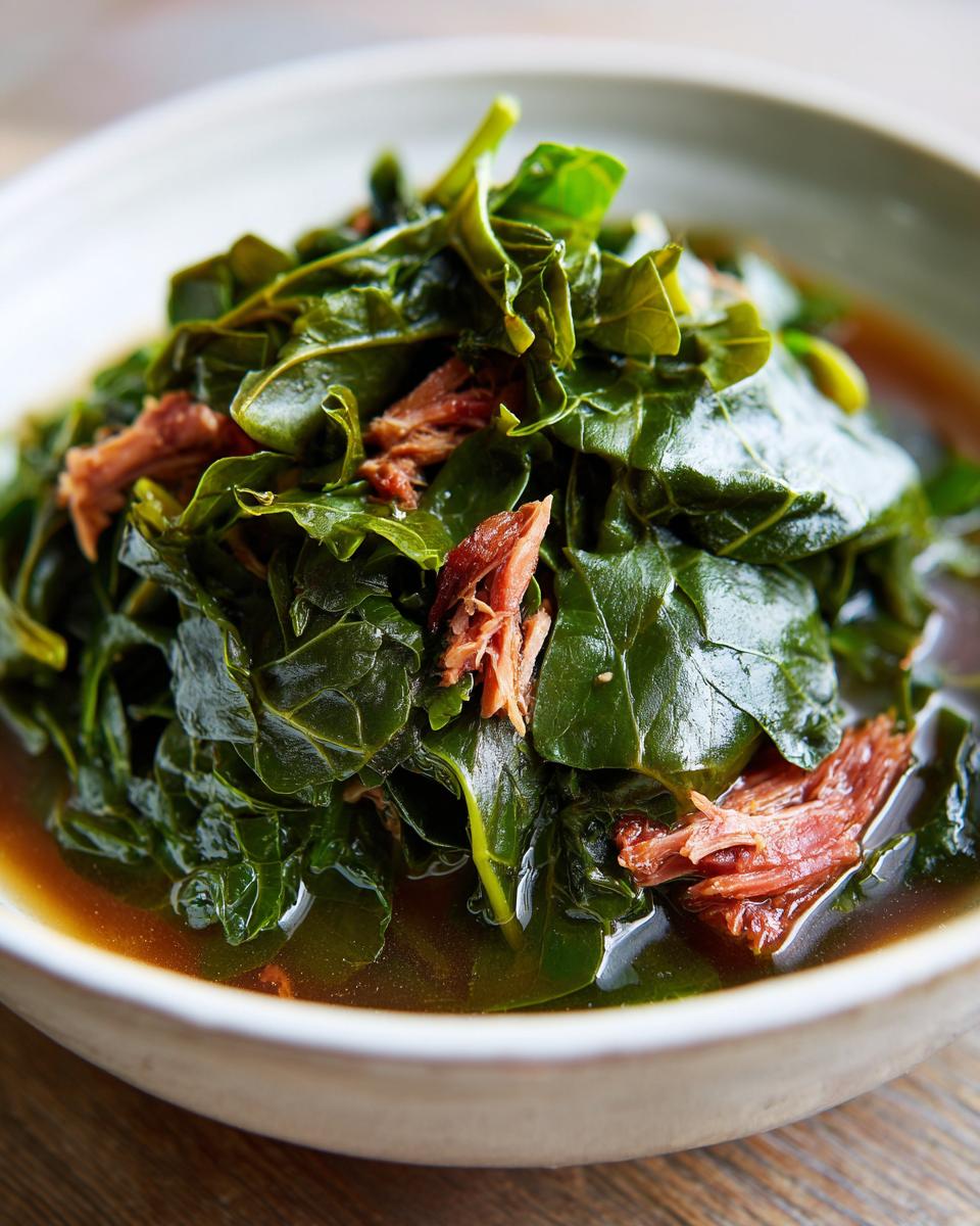 Close-up of tender collard greens served in broth with pieces of shredded smoked meat.