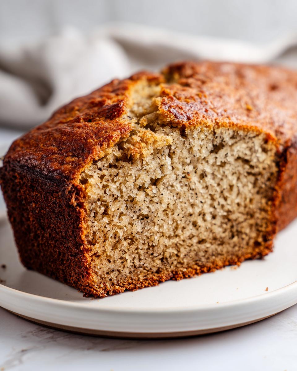 Close-up of a freshly baked loaf of moist banana bread recipe with a dark, caramelized crust.