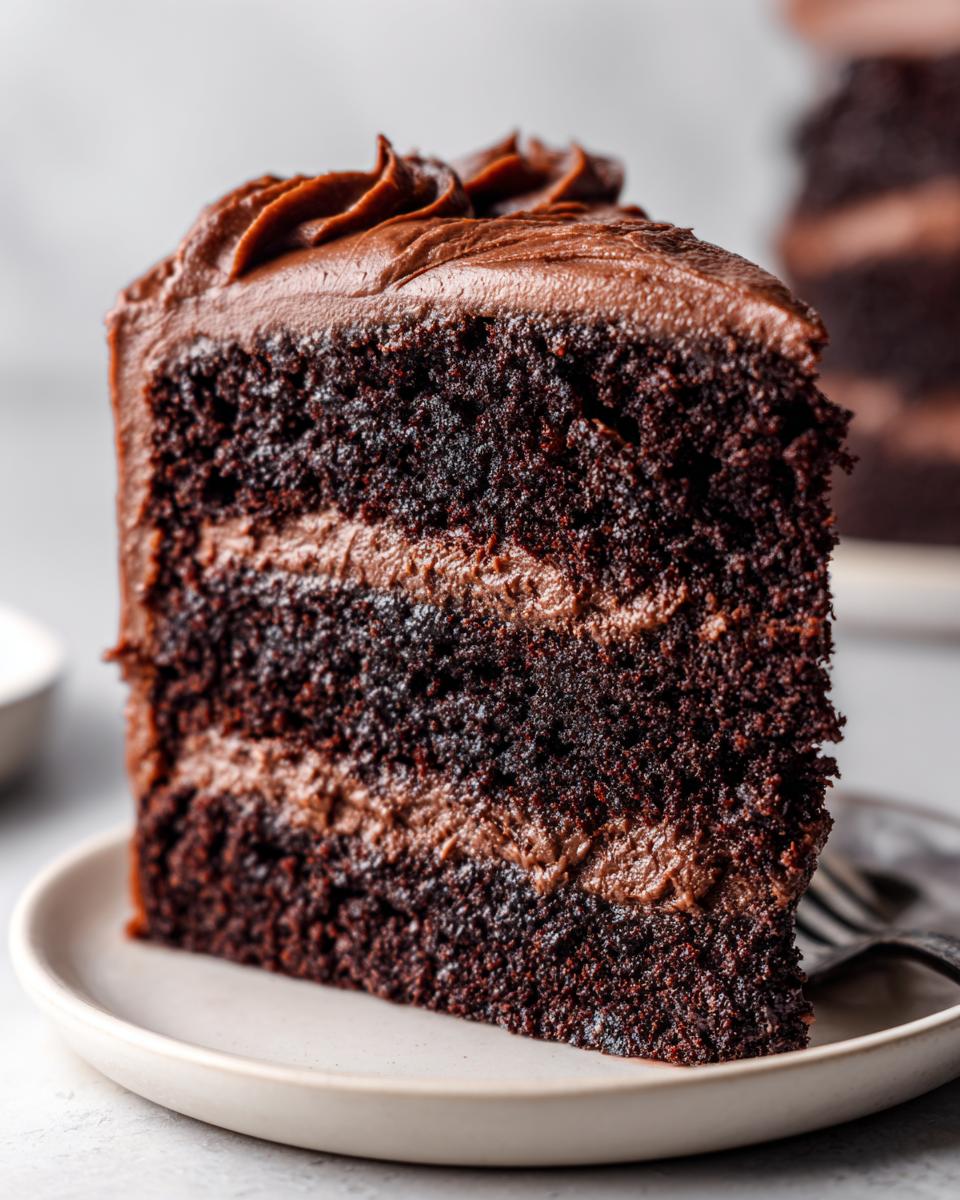 Close-up of a thick, moist slice of chocolate cake with three layers and rich chocolate frosting.