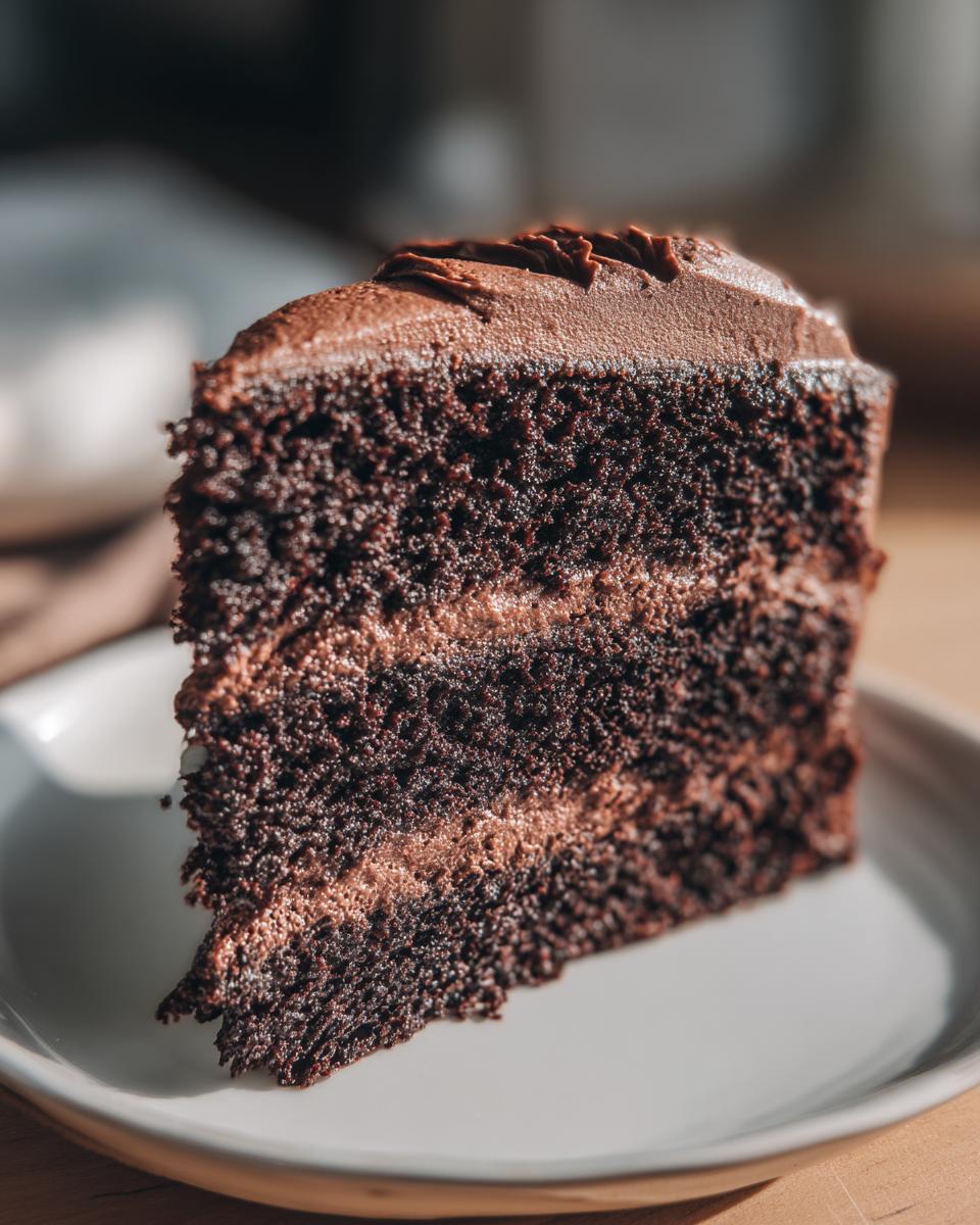 Close-up of a moist slice of three-layer chocolate cake with rich chocolate frosting.