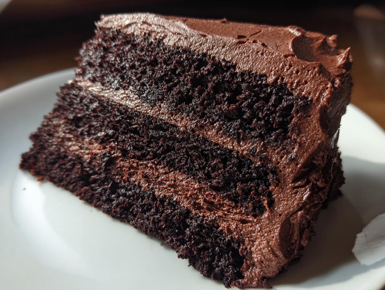 Close-up of a moist, dark slice of chocolate cake with rich chocolate frosting layers.