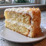 Close-up of a moist slice of coconut cake recipe layered with white frosting and covered in toasted coconut flakes.