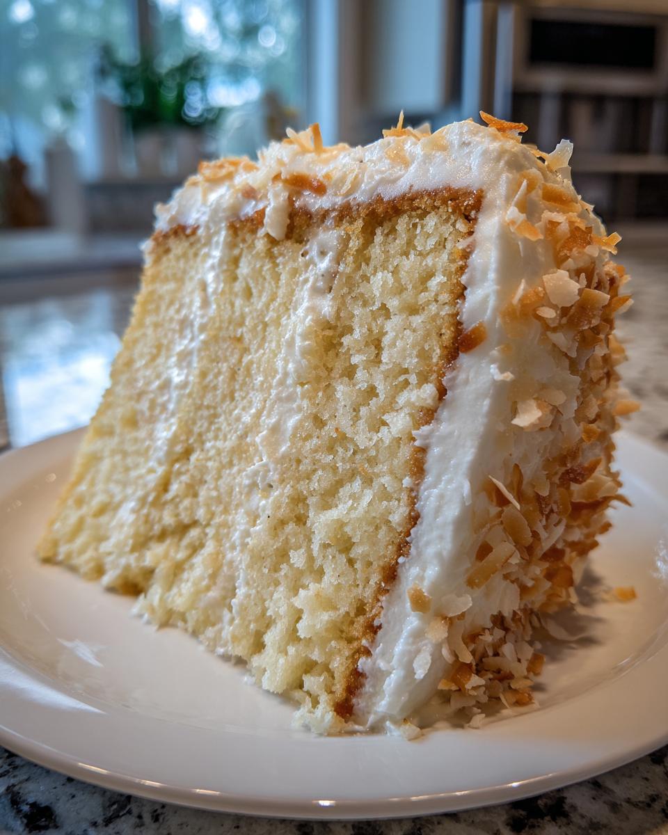 Close-up of a moist slice of coconut cake recipe, layered with white frosting and covered in toasted coconut flakes.