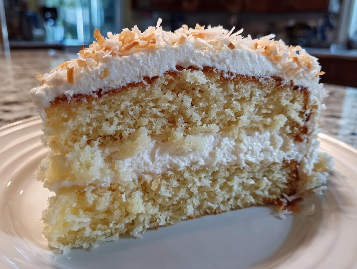 Close-up of a moist slice of coconut cake recipe, layered with white frosting and topped with toasted coconut flakes.
