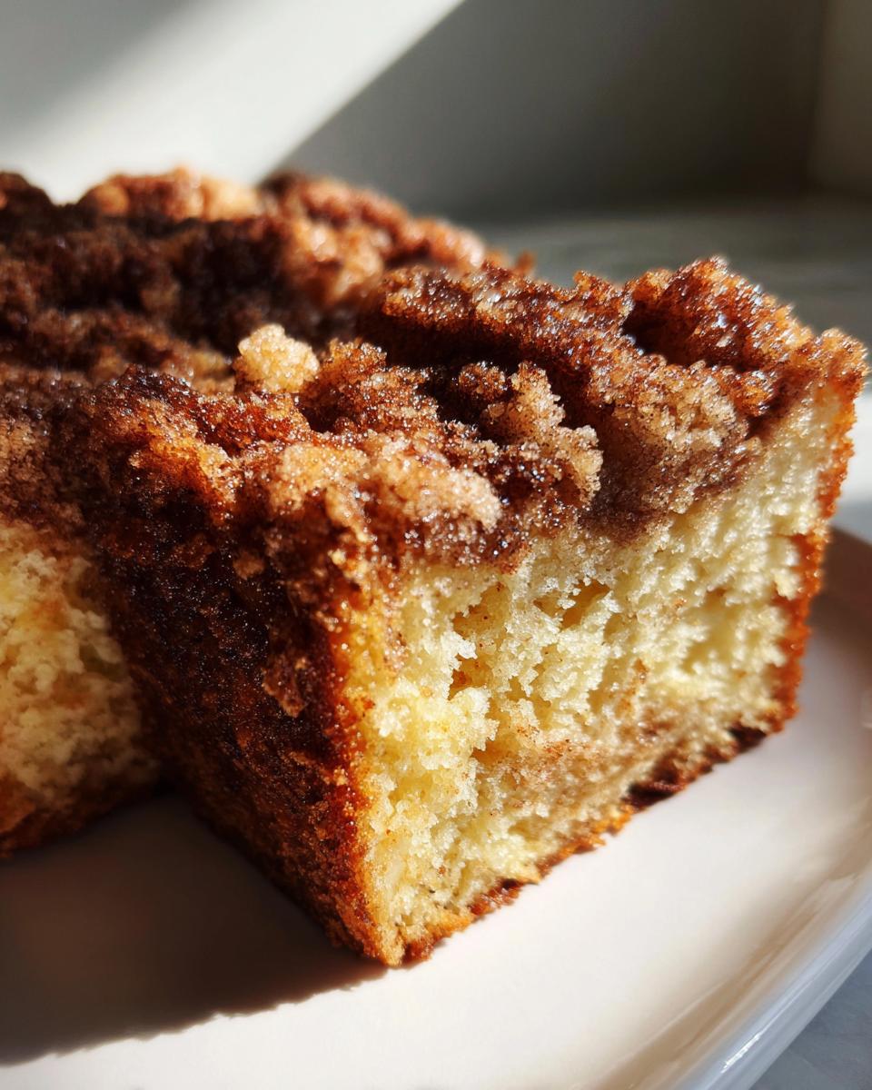 A close-up shot of a thick slice of moist coffee cake featuring a rich, sugary cinnamon crumb topping.