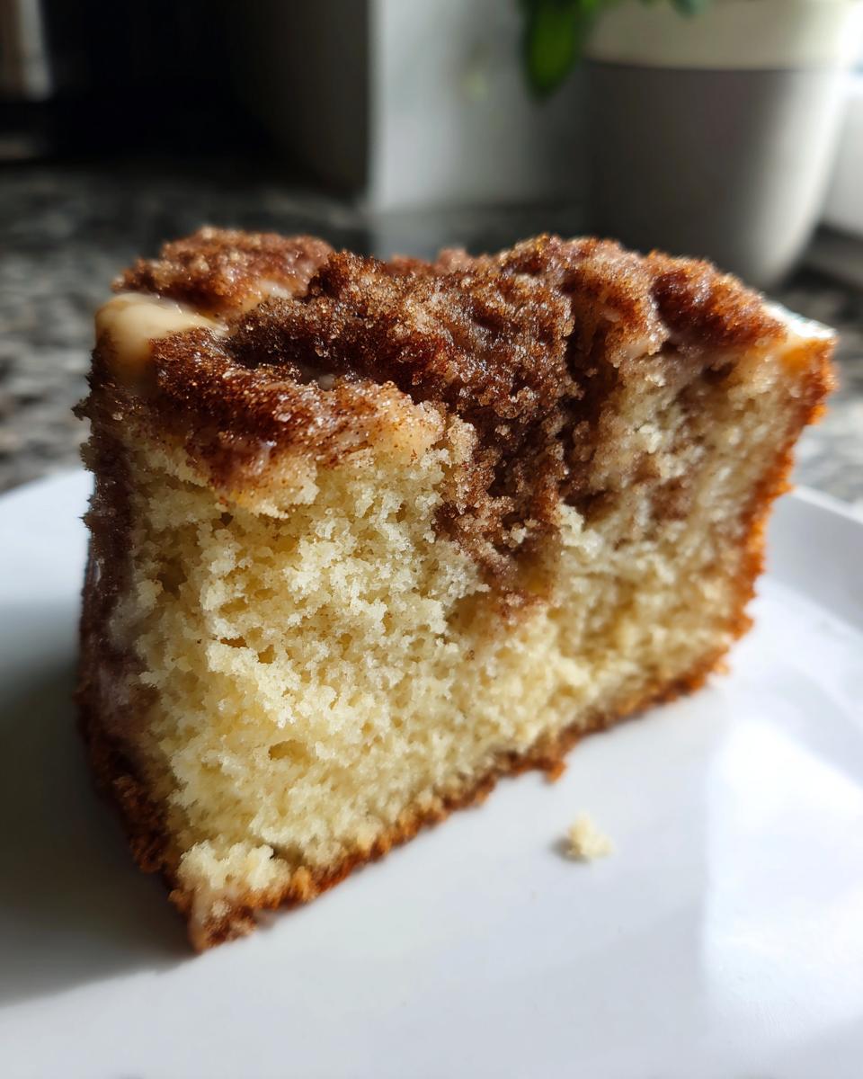 A close-up shot of a moist slice of coffee cake featuring a thick, crumbly cinnamon streusel topping and a light vanilla base.